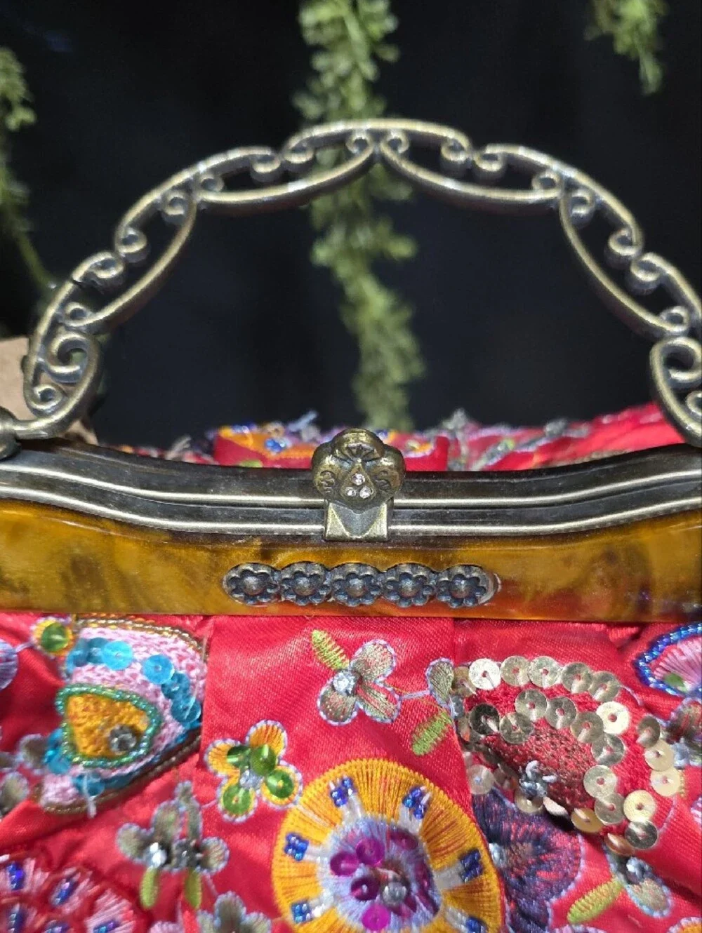 Embroidered Red Satin Floral Kiss-Lock Clutch